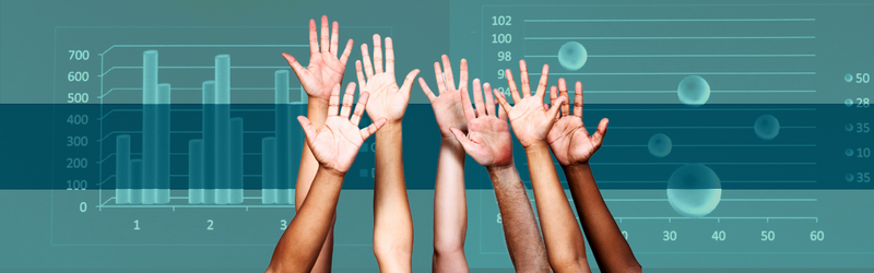 hands reaching towards the sky with graphs in the background