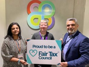 Brent councillors holding Fair Tax Council foam board